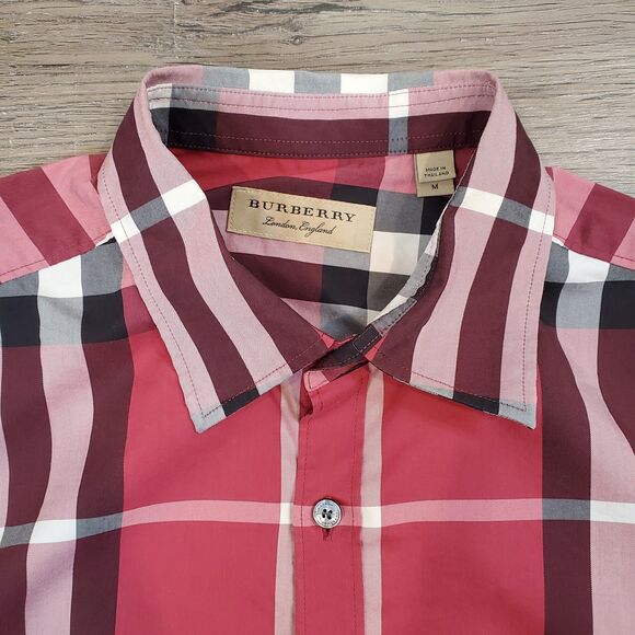 Burberry London Red Check Stretch Button Down Longsleeve Shirt M Cotton Luxury - Picture 3 of 12